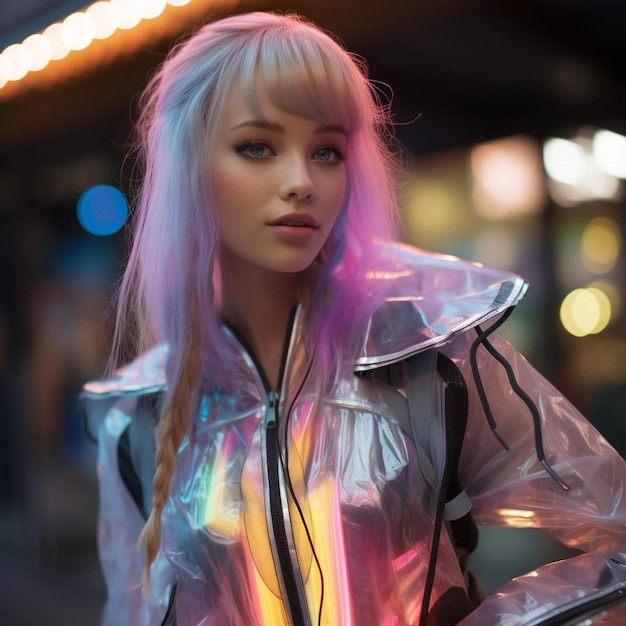 a woman with blonde hair and a silver jacket with a rainbow colored light.