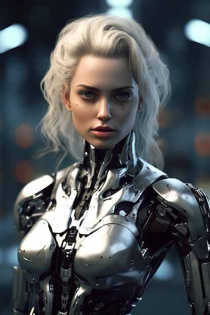 A woman with blonde hair and a silver robot