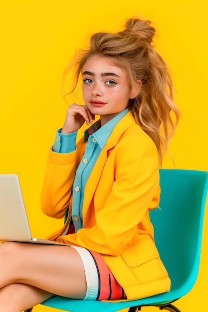 a woman with blonde hair sits in front of a yellow background