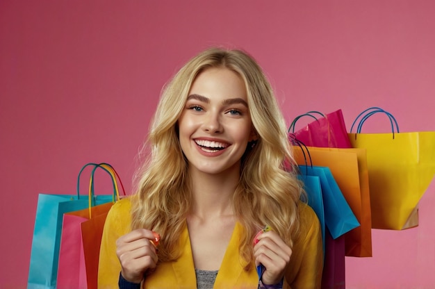 a woman with blonde hair smiling with a pink background