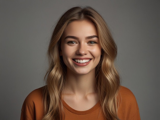 a woman with blonde hair smiling with a smile on her face