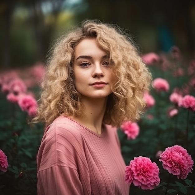 A woman with blonde hair stands in a field of flowers.