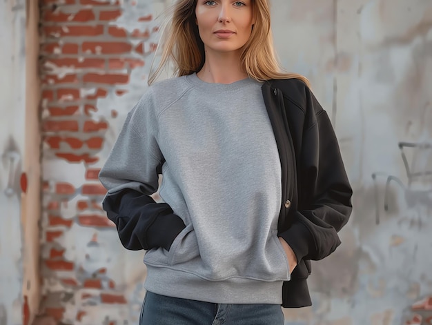 a woman with blonde hair stands in front of a brick wall