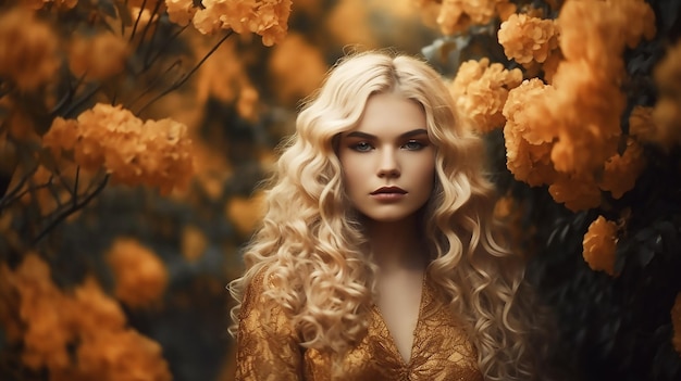 A woman with blonde hair stands in front of a flower field.