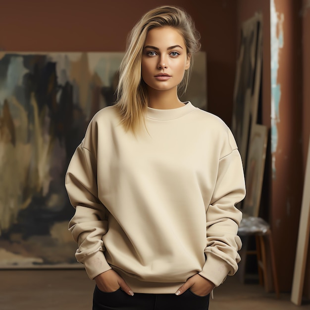 a woman with blonde hair stands in front of a painting