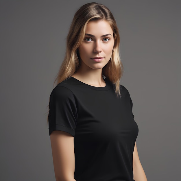 a woman with blonde hair wearing a black tshirt