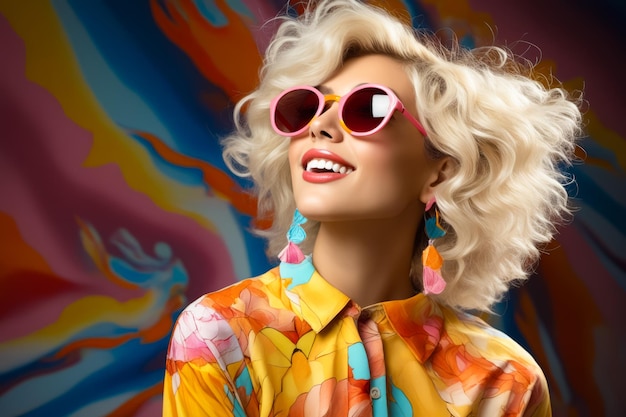 Woman with blonde hair wearing pink sunglasses and yellow shirt Generative AI