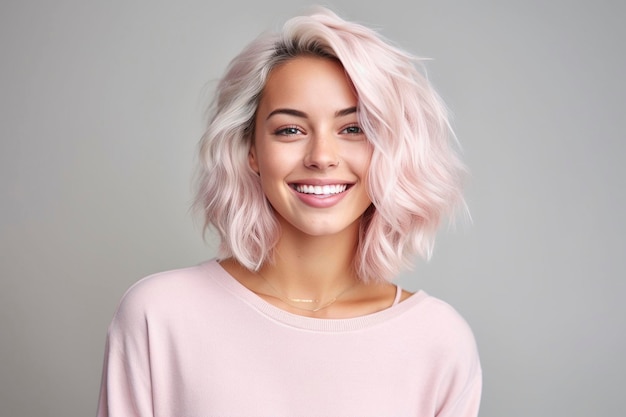 A woman with blonde hair wearing a pink sweater