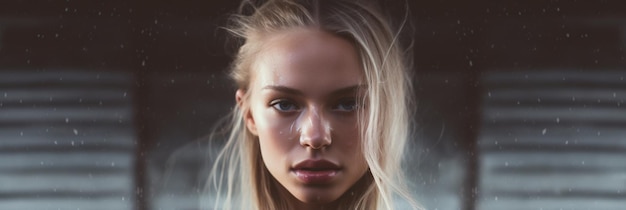 a woman with blonde hair and a white background