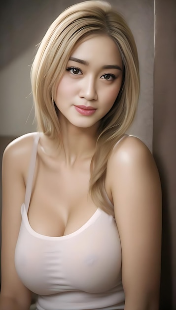 a woman with blonde hair and a white bra on her chest