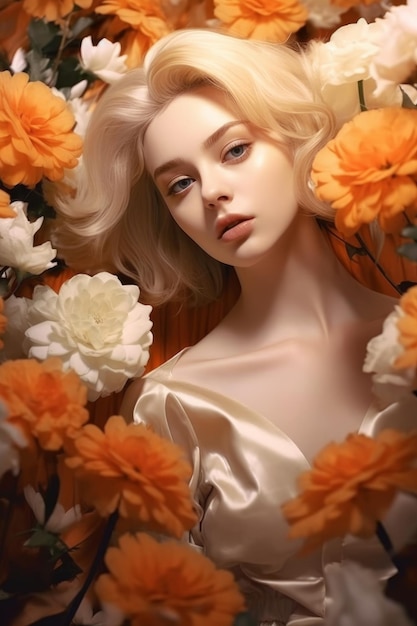 A woman with blonde hair and a white dress lies in a bed of orange flowers.