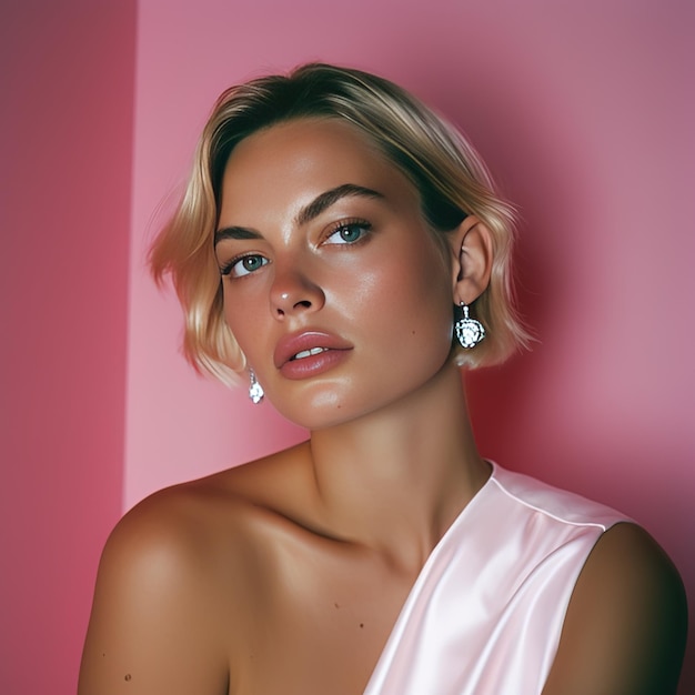 Photo a woman with blonde hair and a white dress with silver earrings