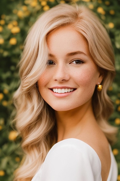 A woman with blonde hair and a white dress