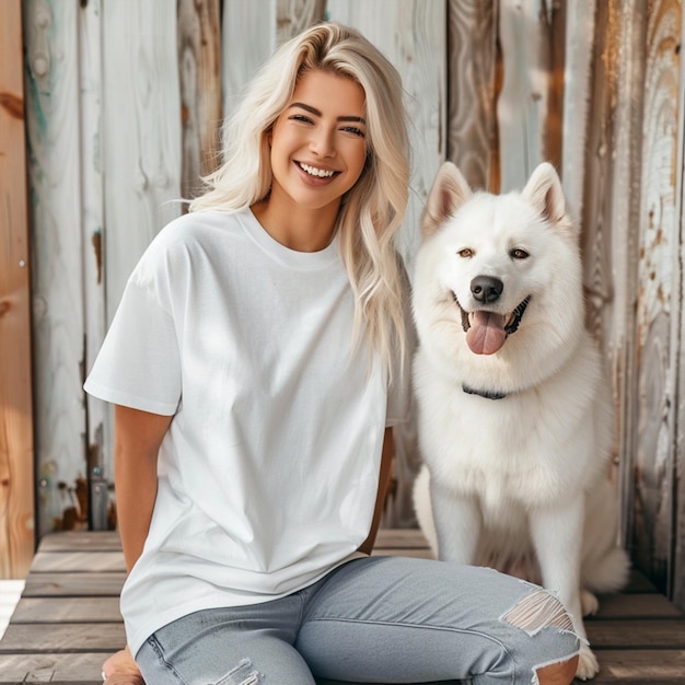 a woman with blonde hair and a white shirt and a dog