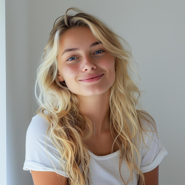 a woman with blonde hair and a white shirt is posing for a photo