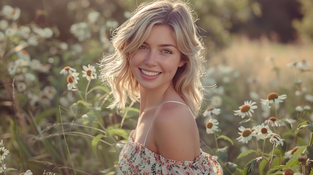 a woman with blonde hair and a white shirt is smiling in a field of flowers