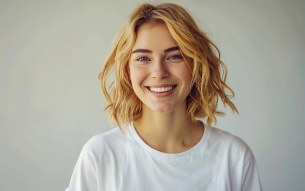 Photo a woman with blonde hair and a white shirt is smiling