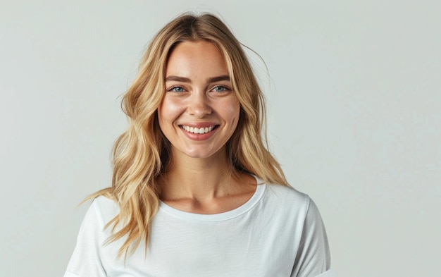 a woman with blonde hair and a white shirt is smiling