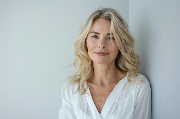 a woman with blonde hair and a white shirt is standing against a wall