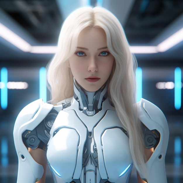 a woman with blonde hair and a white shirt is standing in front of a robot.