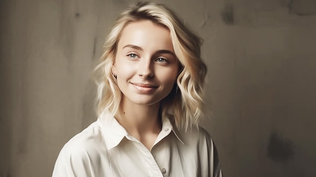 A woman with blonde hair and a white shirt stands in front of a grey wall.