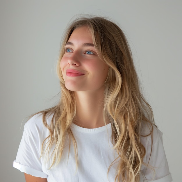 a woman with blonde hair and a white shirt that says she is smiling