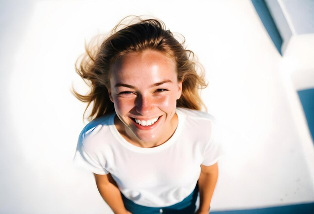 Photo a woman with blonde hair and a white shirt that says  shes smiling