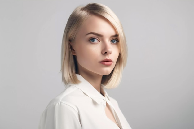 A woman with blonde hair and a white shirt