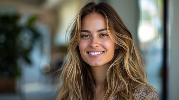 a woman with blonde hair and a white smile