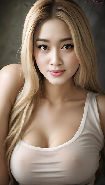 A woman with blonde hair and a white tank top is posing for a photo