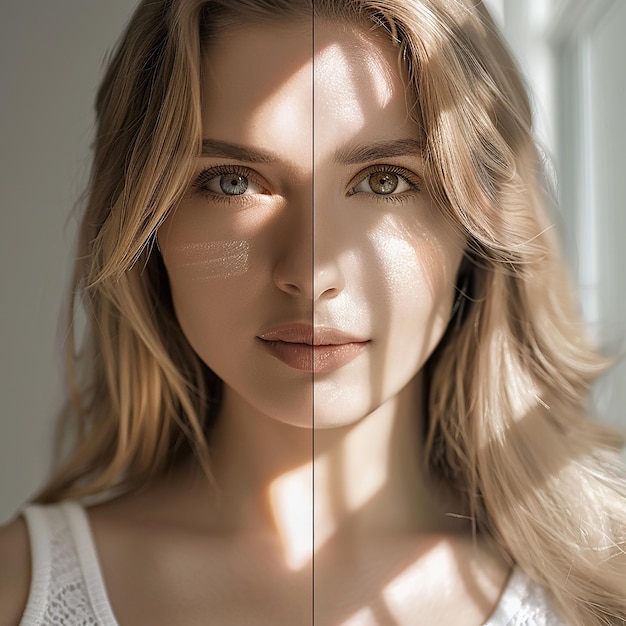 Photo a woman with blonde hair and a white tank top is standing in front of a mirror