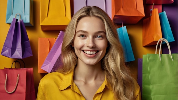 a woman with blonde hair and a yellow shirt that says  she is smiling