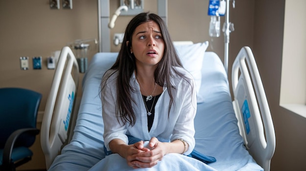 Photo a woman with a blue blanket sits in a hospital bed