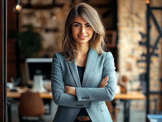 a woman with a blue blazer stands in front of a computer