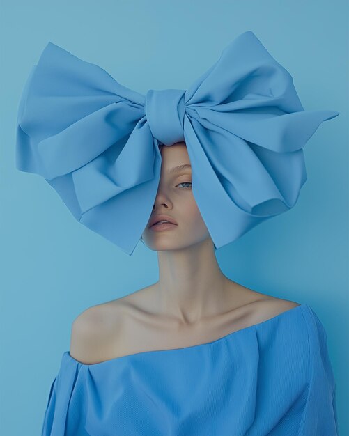 Photo a woman with a blue bow on her head is wearing a blue bow on her head