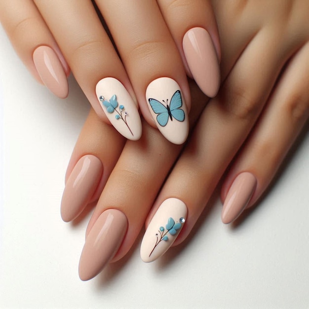 a woman with a blue butterfly on her nails