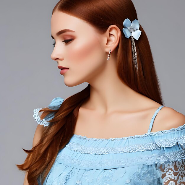 Photo a woman with a blue dress and a flower in her hair