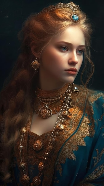 A woman with a blue dress and gold jewelry