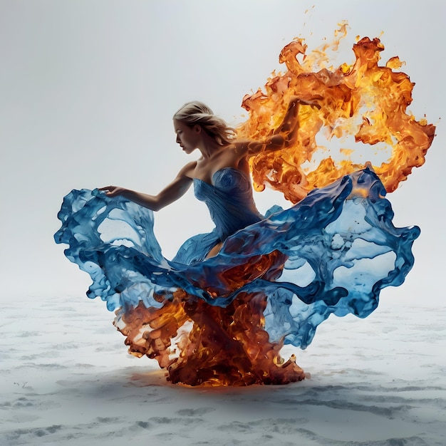 Photo a woman with a blue dress on is dancing with flames