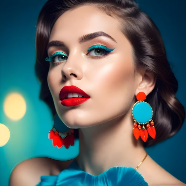 a woman with a blue dress and red lipstick is posing for a photo