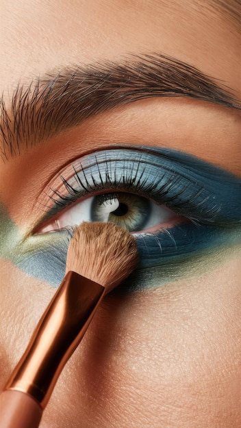 A woman with blue eye makeup and a brush in her hand AI