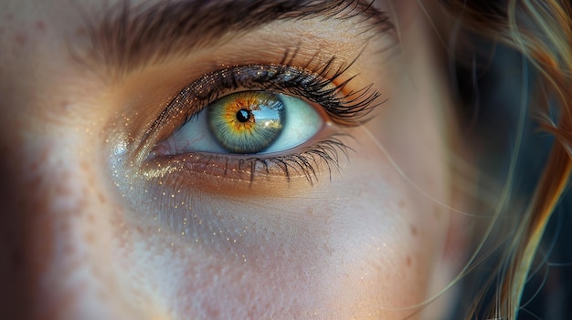 a woman with a blue eye and a yellow eye with a black dot on it