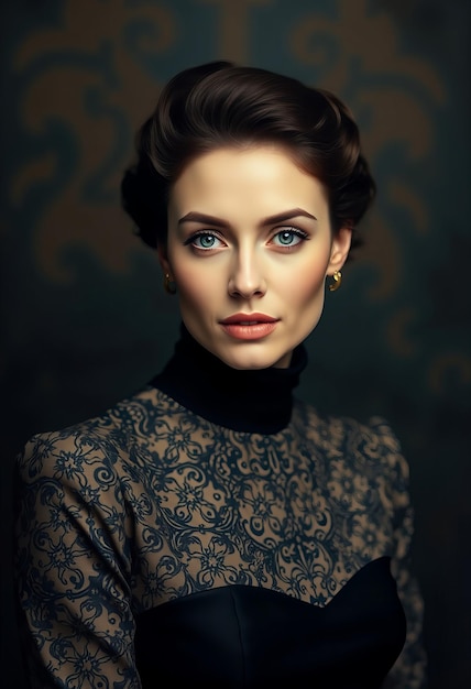 a woman with a blue eyes and a black shirt with a floral pattern on the front