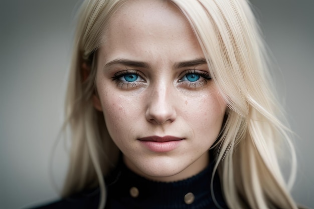 A woman with blue eyes and a black shirt