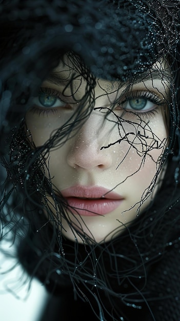 a woman with blue eyes and a black veil in front of a black background