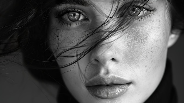 a woman with blue eyes and a black and white photo of a woman with long hair