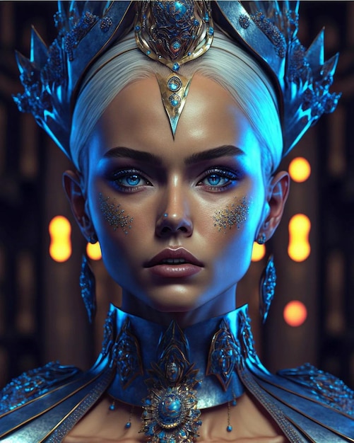 A woman with blue eyes and a blue crown