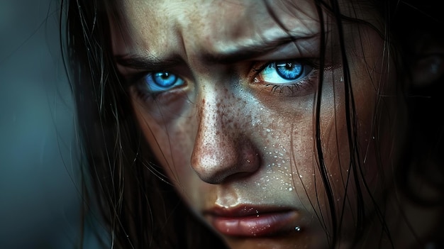 a woman with blue eyes and a blue eyes