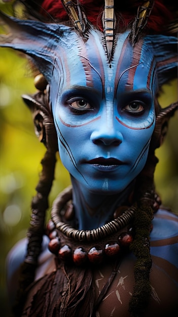 a woman with blue eyes and a blue face with a blue face