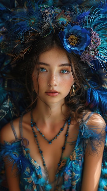 a woman with blue eyes and a blue flower in her hair